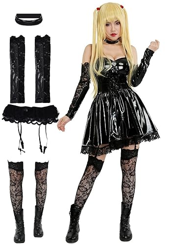 Coskidz Women'S Amane Misa Dark Gothic Cosplay Costume Dress With Stockings Misa Amane Black Dress Steampunk Halloween (Black, Large)