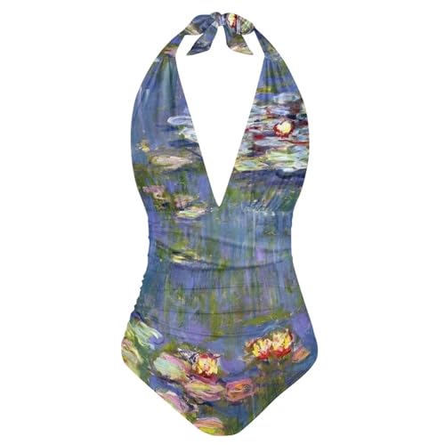 Flashideas Monet Water Lilies One Piece Swimsuit Women Sexy Slim One Piece Swimsuit Tummy Control Bathing Suits High Waisted Tummy V Neck Swimwear Ruched Halter Push Up