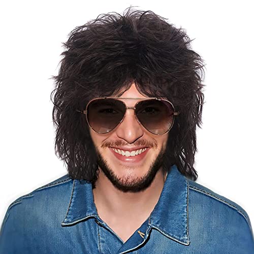 Medisifa Mullet S S Wig With Bangs Dark Brown Long Disco Hair Curly Men Wigs For Mens Man Male Hippie Rocking S Them Party Cosplay Costume Anime Heat Resistant Synthetic Hair 