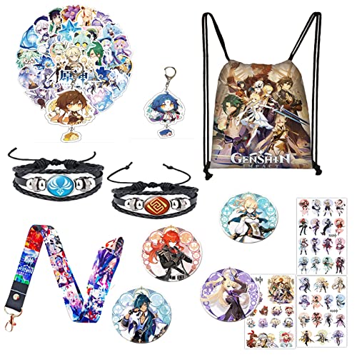 Yuanhuisheng Genshin Impact Merch Gift Sets   Genshin Impact Drawstring Bag Backpack, Cartoon Stickers, Lanyard, Keychains,Bracelets, Button Pins,Stickers For Anime Genshin Im