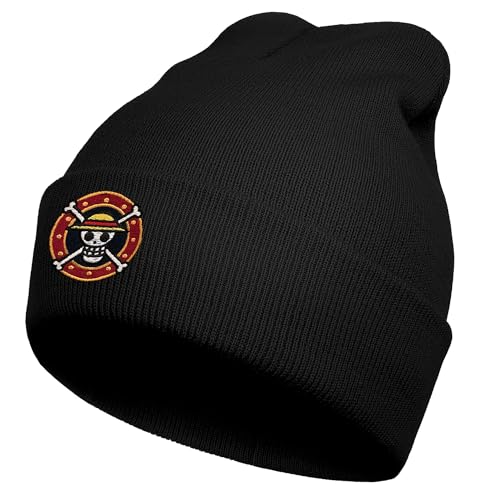 Koesnbre One Piece Skull Hip Hop Embroidered Beanie Hats For Men Women, Winter Warm Anime Black Knit Hat